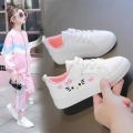 Girl's Shoes Fashion Small White Shoe Summer Lightweight Lace-up Cute Cat Pattern Skateboarding Sports Shoes Casual Kid Sneakers. 