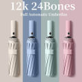 【selevn roind】Reinforced Windproof Strong Full Automatic Umbrella Men Women Folding 12 Double Bone Stormproof Sunproof UV Sun Shade Umbrellas. 