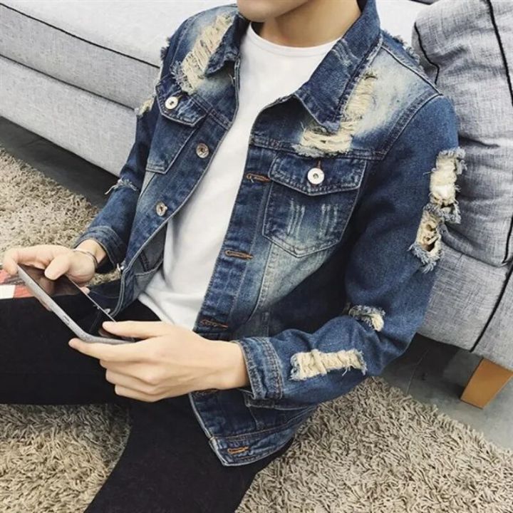 Male Jean Coats Casual Slim Men's Denim Jacket White with Hole Ripped Short Cheap Price Stylish Loose Korea Low Cost Fashion G