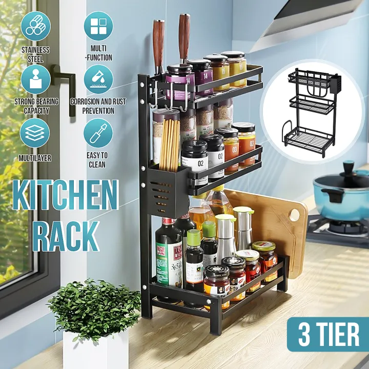 Black Kitchen Spice Rack FULL SET Storage Organizer Seasoning Bottle ...