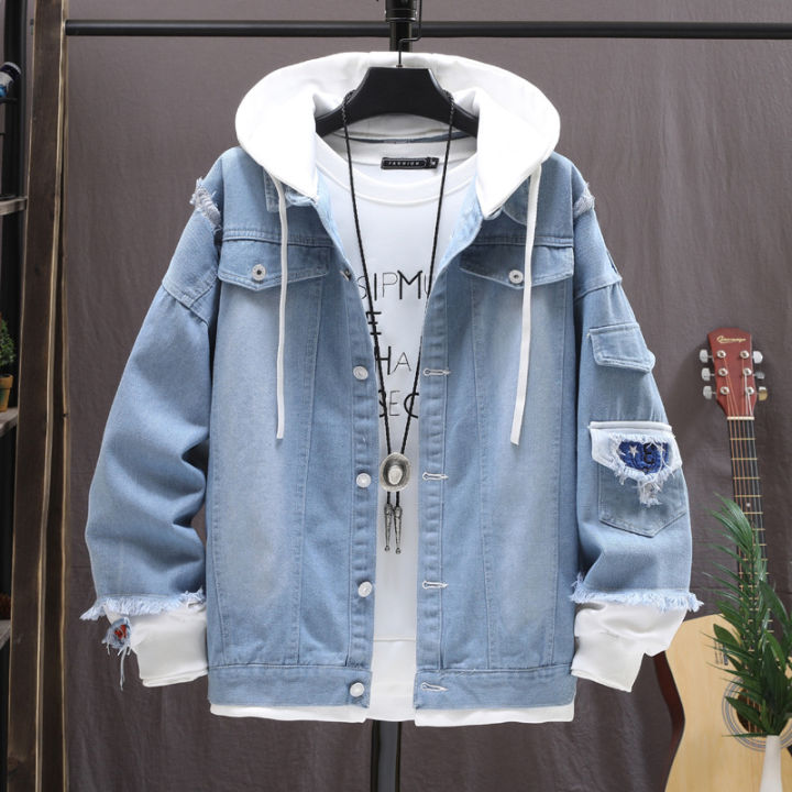 Fall New Coat Fashion Loose Men's Trendy Hat Jacket Denim Coat Youth Stitching Ripped Denim