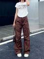 2022 Solid Retro White Cargo Pants Women Harajuku Style Brown Hippie Wide Leg Parachute Trousers Female High Street Pantalone. 