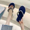 2024 summer pearl rhinestone slippers beach flip-flops ladies wear flat flip-flop sandals slippers. 