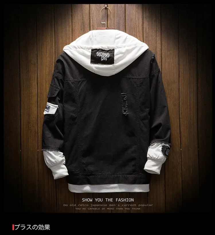 Two Pieces Hooded Men Denim Jacket Men Spring Autumn New Stitching