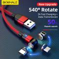 BKWHALE 540 Rotate Charge Magnetic Micro USB / Type C Fast Cable With LED Indicator Magnet 3A Charger Data Cable. 