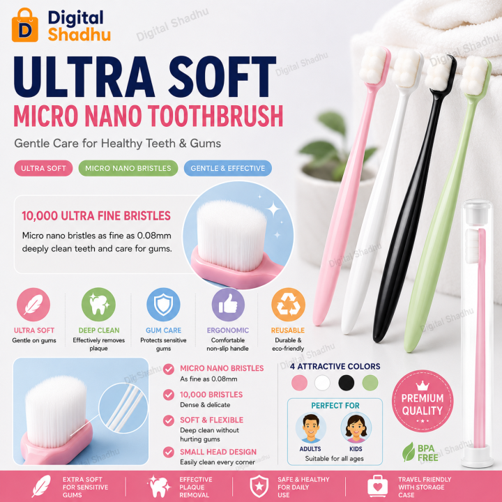 Japanese Style 10,000 Bristles Ultra Soft Microfiber Toothbrush | Micro Nano Fine Soft Bristles | Small Head Gentle Gum Care Tooth Brush for Kids & Adults (1pcs)
