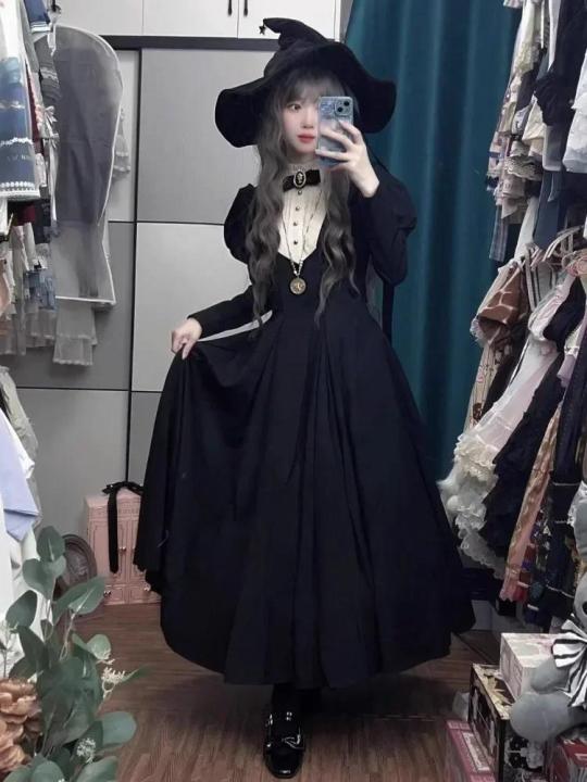 2024%20New%20Gothic%20Punk%20Dark%20Style%20Lolita%20Women's%20Dress%20Harajuku%20Vintage%20Black%20Long%20Bubble%20Sleeve%20Waist%20Cinched%20Dress%20Autumn%20Winter%20-%20Image%202