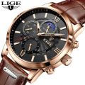 LIGE  Mens Watches Top Brand Luxury Brown Leather Casual Quartz Watch Men Sport Waterproof Clock Watch Relogio Masculino 8932. 