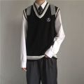 Three-Piece Set-College WinddkUniform Men's Sweater Vest Male Student TrendjkKnitted Sleeveless Sweater Shirt. 