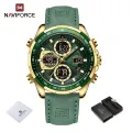NAVIFORCE 9197 Green PU Leather Dual Time Watch For Men - Golden & Green.