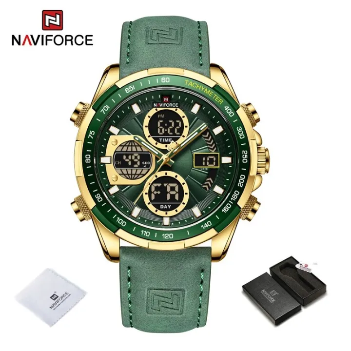 NAVIFORCE%209197%20Green%20PU%20Leather%20Dual%20Time%20Watch%20For%20Men%20-%20Golden%20&%20Green%20-%20Image%204
