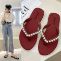 2024 summer pearl rhinestone slippers beach flip-flops ladies wear flat flip-flop sandals slippers. 