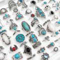 Alien 50/100Pcss/Lot Vintage Boho Blue Stone Turquoise Rings for Women Wholesale Mix Styles Ethnic Finger Ring Set Jewelry Party Gifts. 