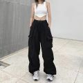 Y2K Women Cargo Pants Vintage Streetwear Baggy Wide Leg Sweatpants Casual Drawstring Pocket Tech Fashion Trousers. 