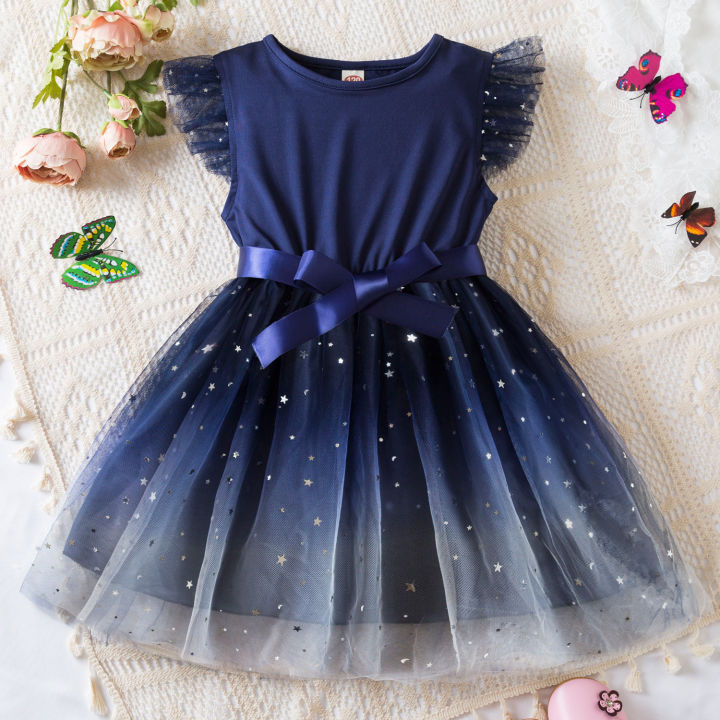 GC Toddler Baby Girl Tulle Tutu Dress Round Neck Ruffle Sleeve Outfit Star Sequins Bow Waistband Princess Dress