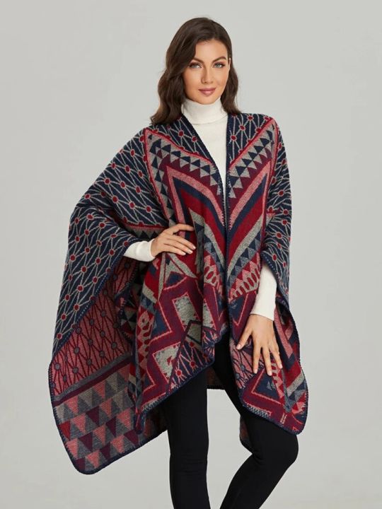 Fashion Imitation Cashmere Women Geometric Vintage Poncho Split Scarf Winter Warm Shawl Wrap Female Knitted Cloak Thick Blanket