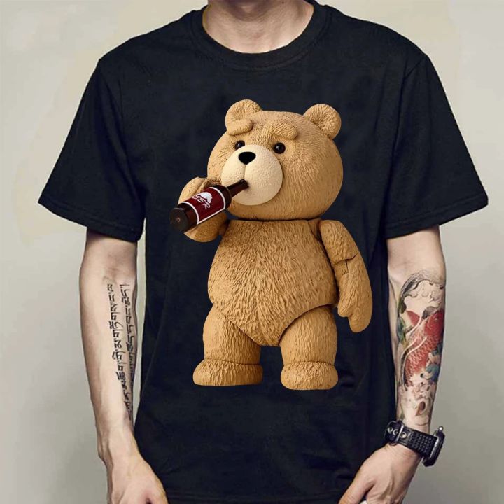 Men's Print Cute Teddy Bear Drinking Poster T-Shirt Summer Short Sleeve Top Cotton T-Shirt Cool T-Shirt Top Streetwear Loser Lione