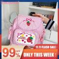 Kawaii Kids School Bag Cute Strawberry Embroidery Student Mochila Dots Multi-Pocket Nylon Fashion College for Teenager Girl. 