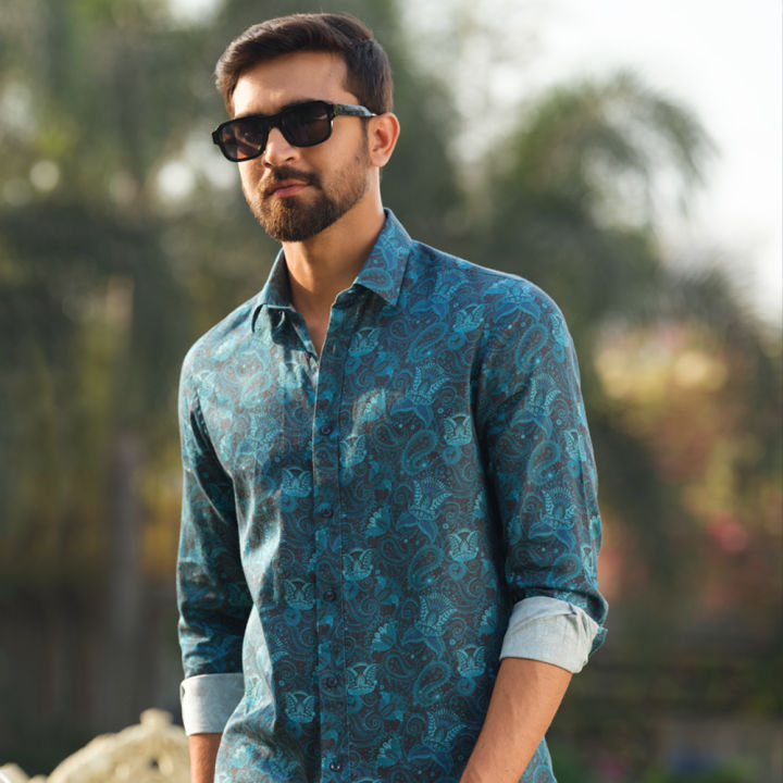Richman Cotton Classic Blue Printed Ultra Slim Fit Casual Shirt For Men Eid Collection