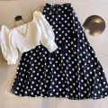 Western Dress White Smoky Top and Black Skirt Kurti Set for Women. 