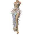 Nightclub Party Celebration Feather Rhinestone Dress Women Elastic Sleeveless Prom High Slit Dress Stage Performance Outfit. 