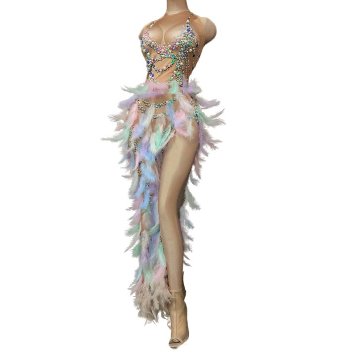 Nightclub%20Party%20Celebration%20Feather%20Rhinestone%20Dress%20Women%20Elastic%20Sleeveless%20Prom%20High%20Slit%20Dress%20Stage%20Performance%20Outfit%20-%20Image%205
