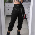 Black Streetwear Women Casual Pants Gothic Punk Grunge Harem Pants With Chains Black Female Long Trousers. 