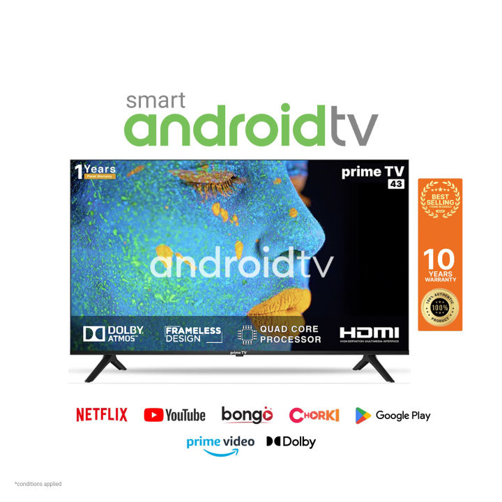 prime TV 43" TV FHD Frameless Voice Control Android Smart TV