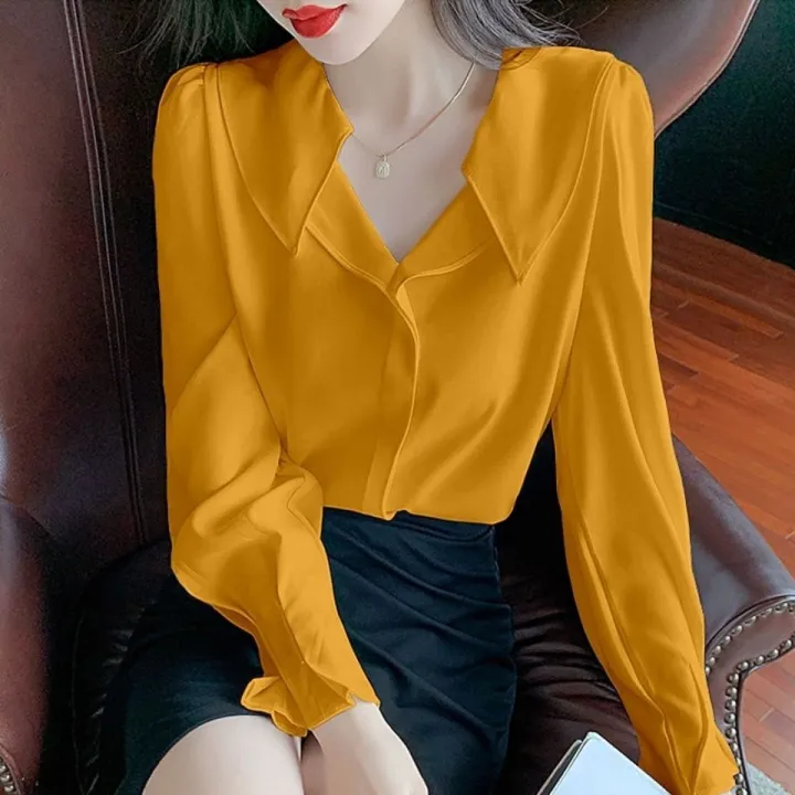Design%20Chiffon%20Shirt%20Women's%20Long%20Sleeve%20Spring%20and%20Autumn%20New%20Korean%20Style%20Graceful%20Puff%20Sleeve%20Chic%20Top%20Bottoming%20Shirt%20Fashion%20-%20Image%204