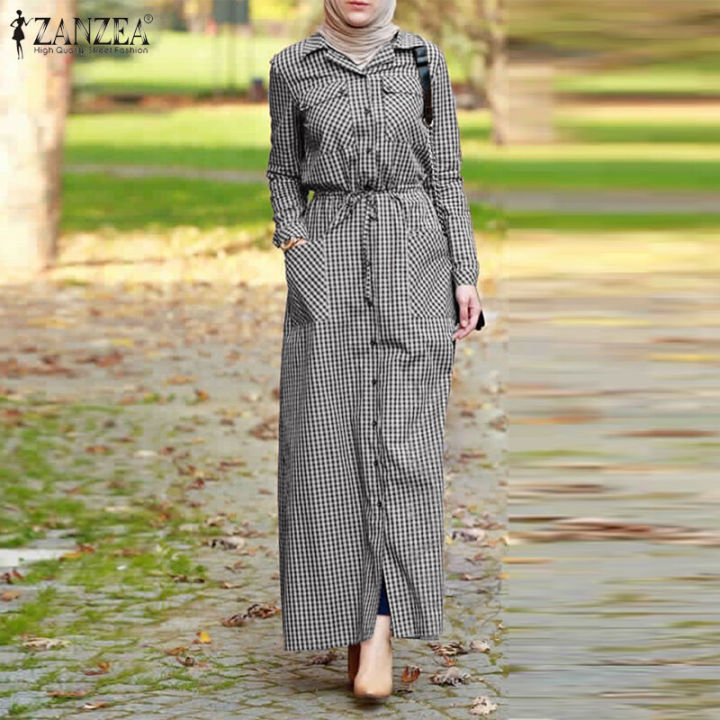 ZANZEA Muslimah Women Muslim Long Sleeve Check Plaid Pocket Floaty Kaftan Tunic Maxi Abaya Dress