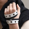 Black Gothic Big Wide Leather Bracelet with Zipper Rivet Wrap Bracelets for Men Women High Quality Button Adjustable Wristbands. 