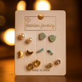 Trendy 6 Pair Stud Earring Set for Women & Girls – Blue Floral, Pearl, and Gold Design, Fashion Jewelry Gift Set.