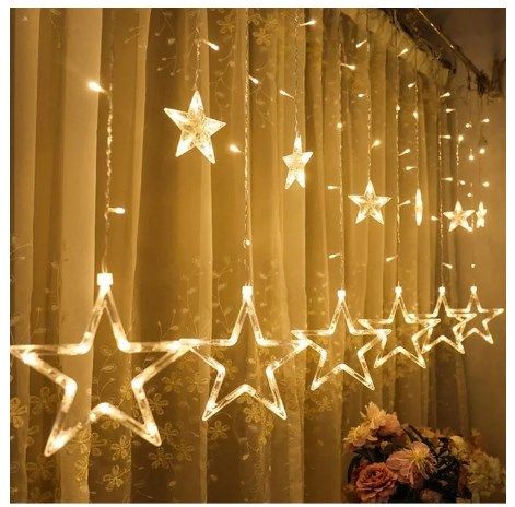 badge Golden Big Star Curtain Light, 12 Hanging Golden Star String Lights, Fairy Lights