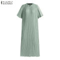 ZANZEA Womens Chinese Style Elegant Plain Short Sleeve Slims Fit Pleated Midi Shift Dresses #11. 