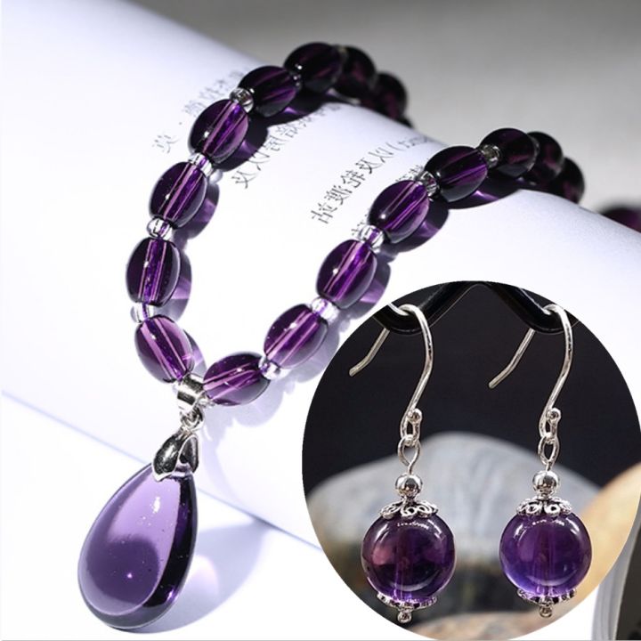 Purple Stone Necklace Set Natural Amethyst Earrings Necklace Set