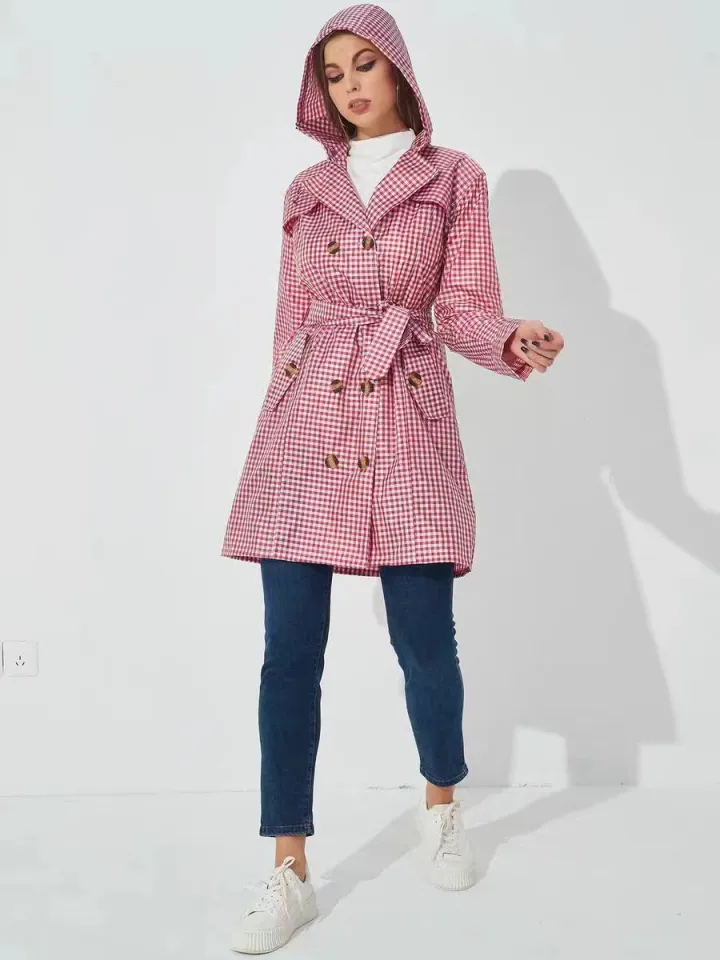 Japanese raincoat women plaid walking long poncho light portable