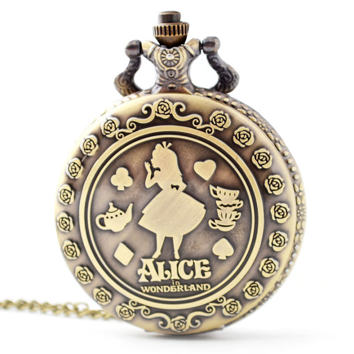 Alice in Wonderland Theme Bronze Retro Quartz Pocket Watch Collectible Vintage Fob Watches Kids Charm Xmas Brithday Gift