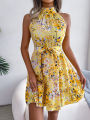 Summer Women Floral Print Short Dress, Bandage Holiday Beach Sundress Casual Halter Short Dresses,Summer Clothes Women 2024 Shapewear. 