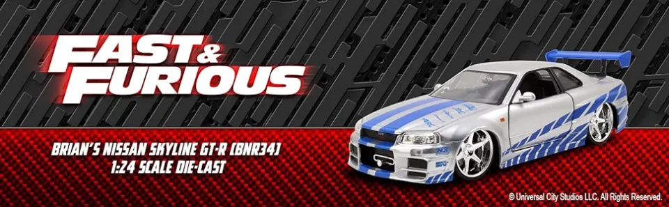 Jada Toys Nissan Skyline GT-R R34 Fast And Furious - Voiture Miniature Échelle 1/24 - Argent/Bleu