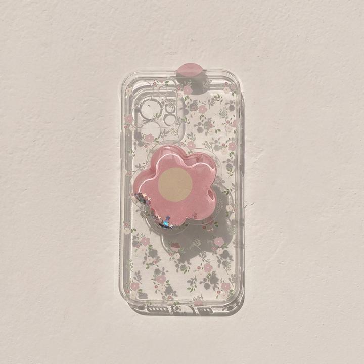 with pop socket)Transparent Case with the Flower Pop Socket