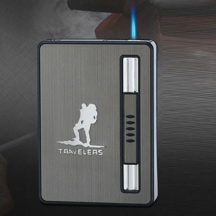 Metal Windproof Butane Gas Cigar Lighter Automatic Case Hold 10 Cigarettes Box,Multifunction Smoking Gadgets For Men Accessories