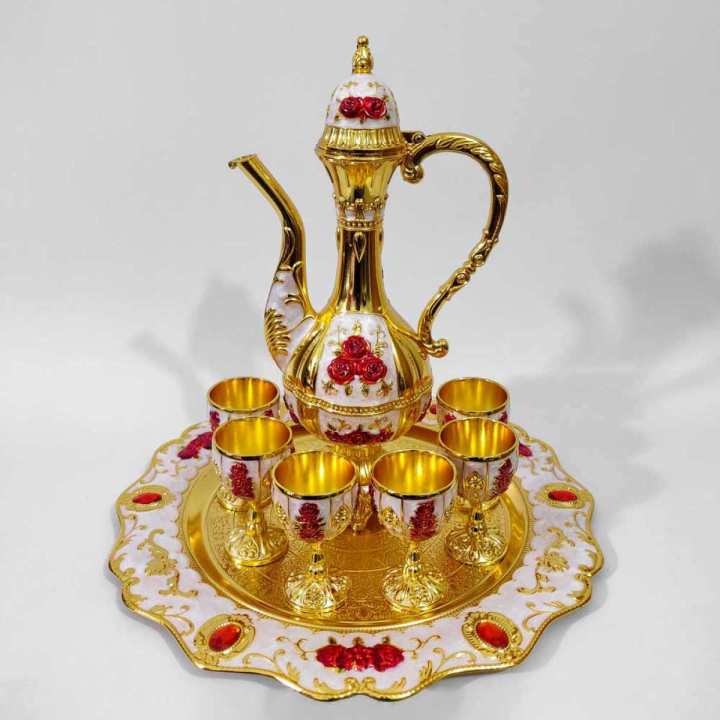 Arabian Style Golden Color Metal Body Mina Work Jug and Cup Set