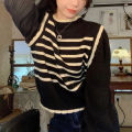 Early Autumn Long Sleeve Stitching Design Striped Sweater Inner Wearing Women's Clothing 2023 New French Style Sweater Top. 