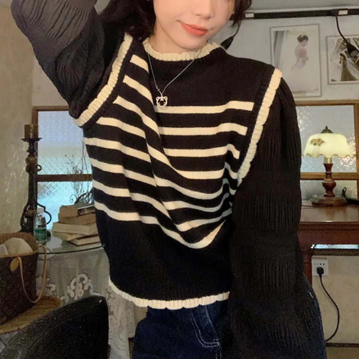 Early%20Autumn%20Long%20Sleeve%20Stitching%20Design%20Striped%20Sweater%20Inner%20Wearing%20Women's%20Clothing%202023%20New%20French%20Style%20Sweater%20Top%20-%20Image%202
