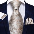 Hi-Tie Gold Striped Paisley Solid Men Silk Wedding Tie Fashion Design Necktie For Men Hanky Cufflink Business Party.