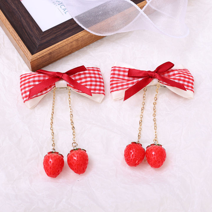 2pcs-Sweet%20Cherry%20Fabric%20Bow%20Hair%20Clip%20For%20Children's%20Daily%20Wear-with%20Bows%20Cherries%20Strawberries%20Plaid%20Lace%20-%20Image%202