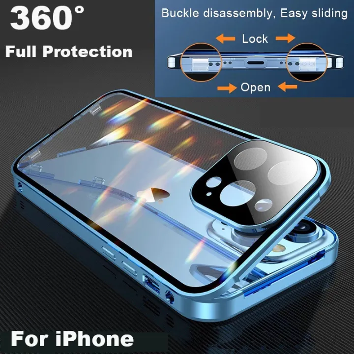 360%C2%B0Full%20Protection%20Metal%20Magnetic%20Double%20Sided%20Glass%20Snap%20Lock%20Case%20For%20iPhone%2015%20Pro%20Max%2014%2012%2011%2013%20Pro%20Max%20Plus%20Bumper%20Cover%20-%20Image%202