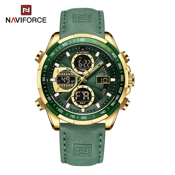 NAVIFORCE%209197%20Green%20PU%20Leather%20Dual%20Time%20Watch%20For%20Men%20-%20Golden%20&%20Green%20-%20Image%203