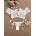 Mesh Lingerie Bra Set Women Lace Underwear Bowknot Strapless Bra Thong Set Sleepwear Lingerie Seamless Panties. 