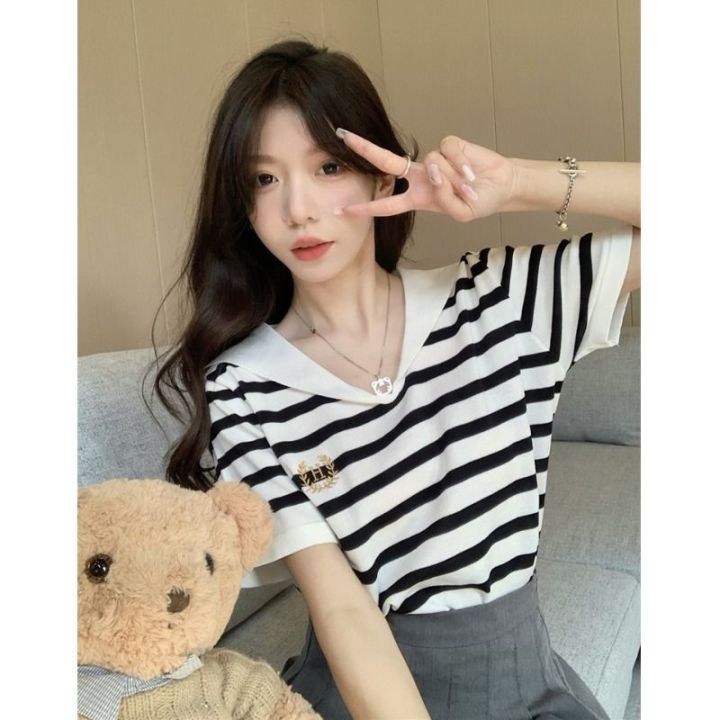 Summer Sweet Japanese Sailor Collar Ice Silk Stripes Knitted Short Sleeve T T-shirt Design Hot Girl Casual Top